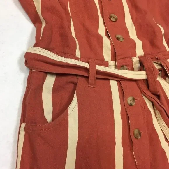 Billabong Womens 8 Sleeveless Linen Jumpsuit Stripe Crossfire Rusty Orange White - Picture 4 of 16